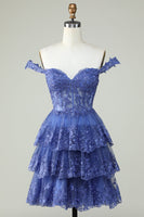 Load image into Gallery viewer, Cute A Line Dark Blue Corset Tiered Short Formal Dress with Lace
