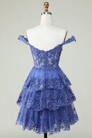 Load image into Gallery viewer, Cute A Line Dark Blue Corset Tiered Short Formal Dress with Lace