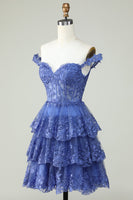Load image into Gallery viewer, Cute A Line Dark Blue Corset Tiered Short Formal Dress with Lace