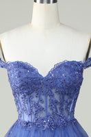 Load image into Gallery viewer, Cute A Line Dark Blue Corset Tiered Short Formal Dress with Lace