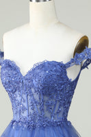 Load image into Gallery viewer, Cute A Line Dark Blue Corset Tiered Short Formal Dress with Lace