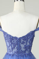 Load image into Gallery viewer, Cute A Line Dark Blue Corset Tiered Short Formal Dress with Lace