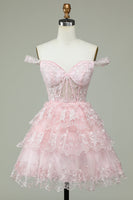 Load image into Gallery viewer, Cute A Line Off the Shoulder Pink Corset Short Formal Dress with Lace