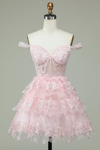 Cute A Line Off the Shoulder Pink Corset Short Formal Dress with Lace