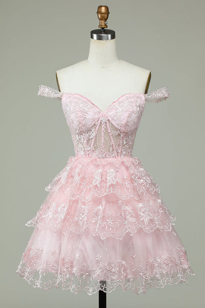 Cute A Line Off the Shoulder Pink Corset Short Formal Dress with Lace