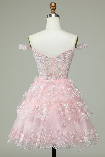 Cute A Line Off the Shoulder Pink Corset Short Formal Dress with Lace
