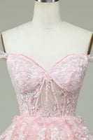 Load image into Gallery viewer, Cute A Line Off the Shoulder Pink Corset Short Formal Dress with Lace