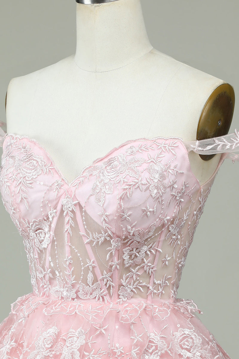 Load image into Gallery viewer, Cute A Line Off the Shoulder Pink Corset Short Formal Dress with Lace