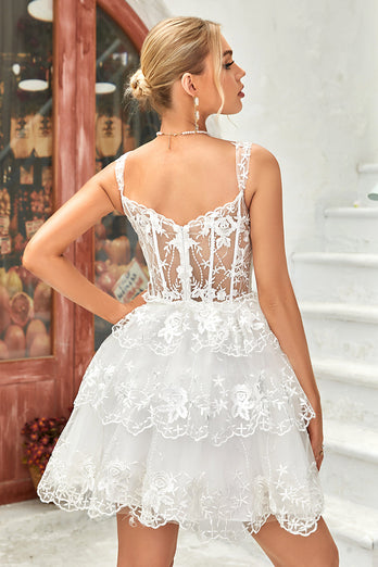 Princess A Line White Corset Tiered Short Formal Dress with Lace