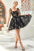 Load image into Gallery viewer, A Line Spaghetti Straps Black Short Formal Dress with Appliques