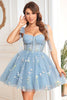Load image into Gallery viewer, A Line Spaghetti Straps Black Short Formal Dress with Appliques