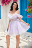 Load image into Gallery viewer, Cute A Line Lavender Off the Shoulder Corset Short Formal Dress with Ruffles