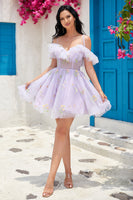 Load image into Gallery viewer, Cute A Line Lavender Off the Shoulder Corset Short Formal Dress with Ruffles