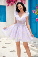 Load image into Gallery viewer, Cute A Line Lavender Off the Shoulder Corset Short Formal Dress with Ruffles