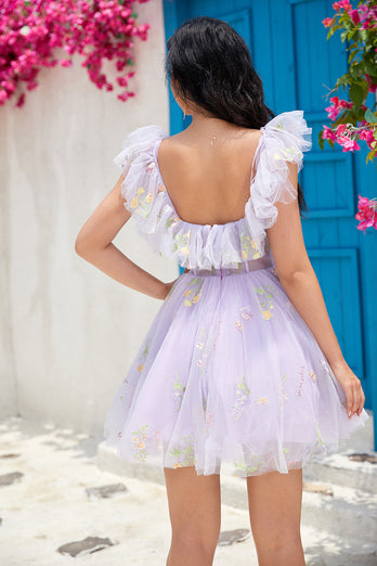 Cute A Line Lavender Off the Shoulder Corset Short Formal Dress with Ruffles