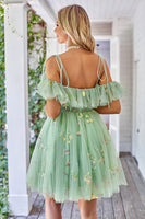 Load image into Gallery viewer, Off the Shoulder Ruffles Tulle Short Formal Dress with Embroidery