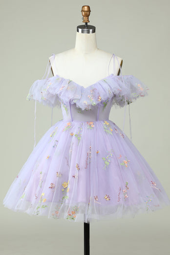 Lavender Off the Shoulder Corset Short Formal Dress with Ruffles