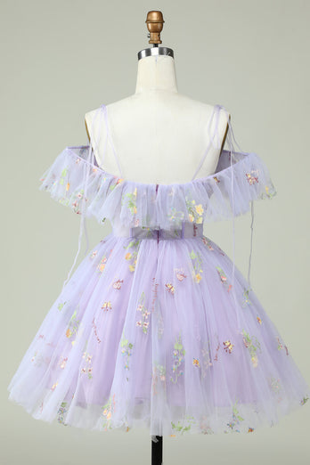 Lavender Off the Shoulder Corset Short Formal Dress with Ruffles