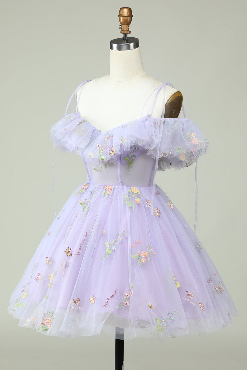 Load image into Gallery viewer, Lavender Off the Shoulder Corset Short Formal Dress with Ruffles
