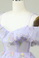 Load image into Gallery viewer, Lavender Off the Shoulder Corset Short Formal Dress with Ruffles