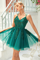 Load image into Gallery viewer, A Line Spaghetti Straps Dark Green Short Formal Dress with Appliques Beading
