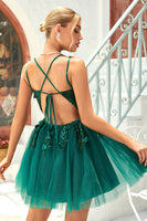 Load image into Gallery viewer, A Line Spaghetti Straps Dark Green Short Formal Dress with Appliques Beading