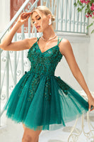 Load image into Gallery viewer, A Line Spaghetti Straps Dark Green Short Formal Dress with Appliques Beading