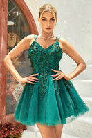 Load image into Gallery viewer, A Line Spaghetti Straps Dark Green Short Formal Dress with Appliques Beading