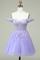 Load image into Gallery viewer, A Line Off the Shoulder Lilac Corset Short Formal Dress with Appliques