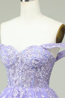 Load image into Gallery viewer, A Line Off the Shoulder Lilac Corset Short Formal Dress with Appliques
