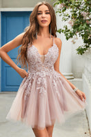 Load image into Gallery viewer, A Line Spaghetti Straps Blush Short Formal Dress with Criss Cross Back