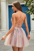 Load image into Gallery viewer, A Line Spaghetti Straps Blush Short Formal Dress with Criss Cross Back