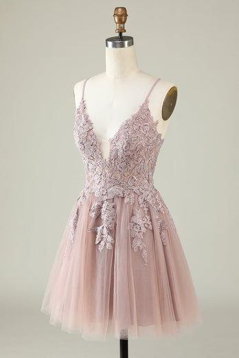 V-Neck Light Purple Beaded Short Formal Dress with Appliques