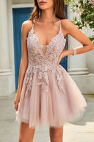 Load image into Gallery viewer, A Line Spaghetti Straps Blush Short Formal Dress with Criss Cross Back