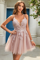 Load image into Gallery viewer, A Line Spaghetti Straps Blush Short Formal Dress with Criss Cross Back