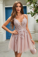 Load image into Gallery viewer, A Line Spaghetti Straps Blush Short Formal Dress with Criss Cross Back