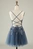 Load image into Gallery viewer, V-Neck Grey Blue Beaded Short Formal Dress with Appliques