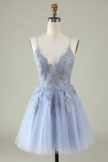 V-Neck Blush Beaded Short Formal Dress with Appliques