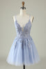 Load image into Gallery viewer, V-Neck Grey Blue Beaded Short Formal Dress with Appliques