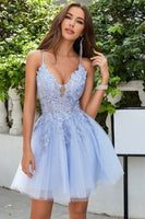 Load image into Gallery viewer, A Line Spaghetti Straps Light Purple Short Formal Dress with Appliques