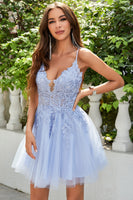 Load image into Gallery viewer, A Line Spaghetti Straps Light Purple Short Formal Dress with Appliques