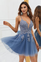 Load image into Gallery viewer, A Line Spaghetti Straps Grey Blue Short Formal Dress with Appliques