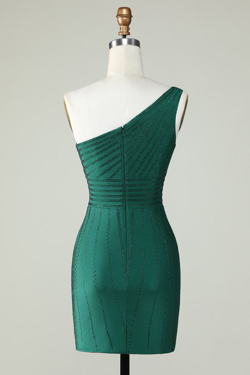 Load image into Gallery viewer, Sheath One Shoulder Dark Green Short Formal Dress with Beading