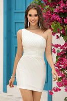 Load image into Gallery viewer, Sheath One Shoulder Black Short Formal Dress with Beading