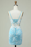 Load image into Gallery viewer, Sheath Spaghetti Straps Light Blue Short Formal Dress with Appliques