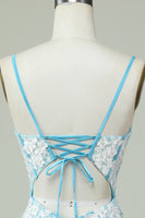Load image into Gallery viewer, Sheath Spaghetti Straps Light Blue Short Formal Dress with Appliques