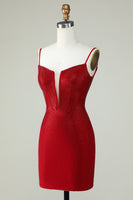 Load image into Gallery viewer, Sheath Spaghetti Straps Red Short Formal Dress with Beading