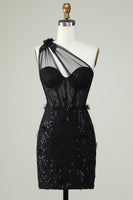 Load image into Gallery viewer, Bodycon One Shoulder Black Corset Short Formal Dress with Appliques