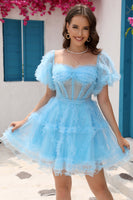 Load image into Gallery viewer, Blue Tulle Off The Shoulder Short Formal Dress