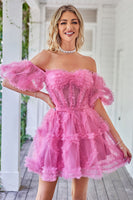 Load image into Gallery viewer, Hot Pink Off the Shoulder Tulle Short Formal Dress